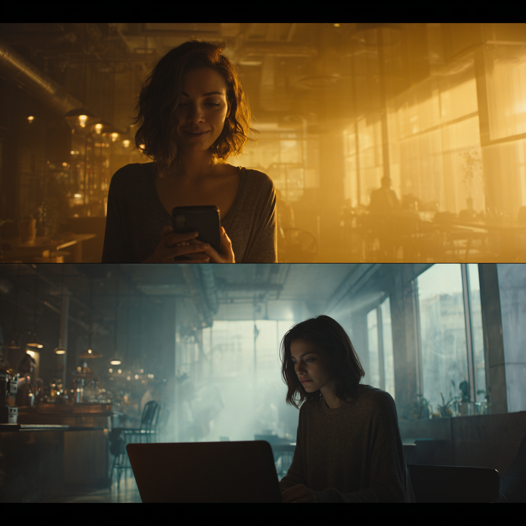 Split-screen image of two women in their late 20s, one in a warm café smiling at her phone, the other in a dark apartment staring blankly at a screen, with ghosted text messages floating between them — representing emotional distance in modern dating.